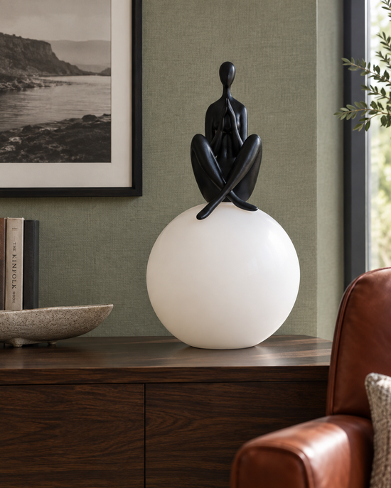 Soleno Meditation Sculptural Table Lamp — light off; AI-generated interior scene; Black