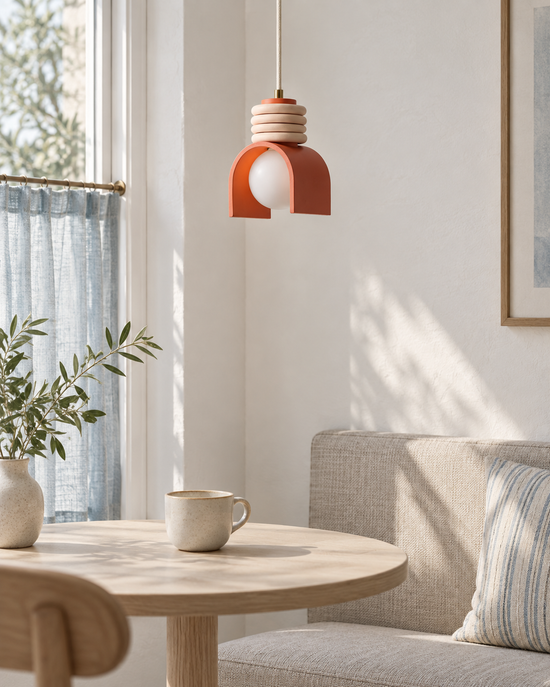 Talena Resin Arch Pendant Light — light off; AI-generated interior scene; Orange