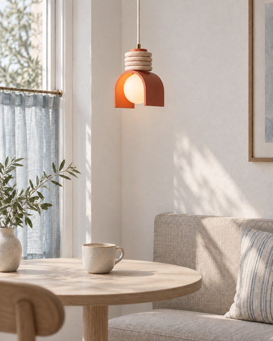 Talena Resin Arch Pendant Light — light on; AI-generated interior scene; Orange
