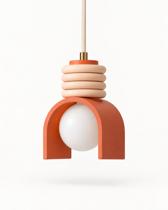 Talena Resin Arch Pendant Light — white background product view; AI-generated illustration; orange