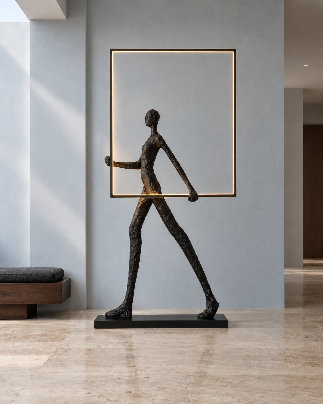 Talira Sculptural Floor Lamp — light on; AI-generated interior scene