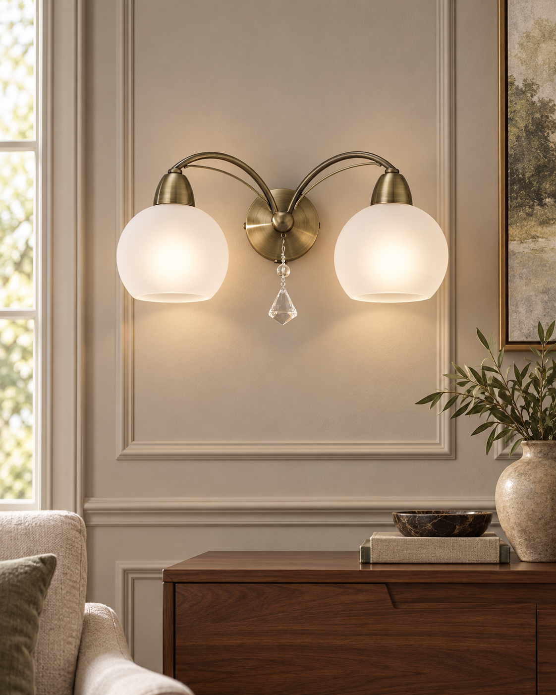 Thea Bronze Crystal Glass 2 Light Wall Light — AI-generated room illustration