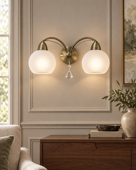 Thea Bronze Crystal Glass 2 Light Wall Light — AI-generated room illustration