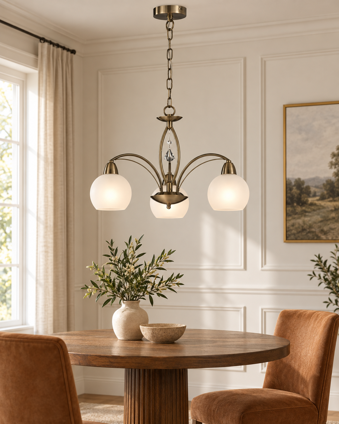 Thea Bronze Crystal Glass 3 Light Ceiling Light — AI-generated room illustration