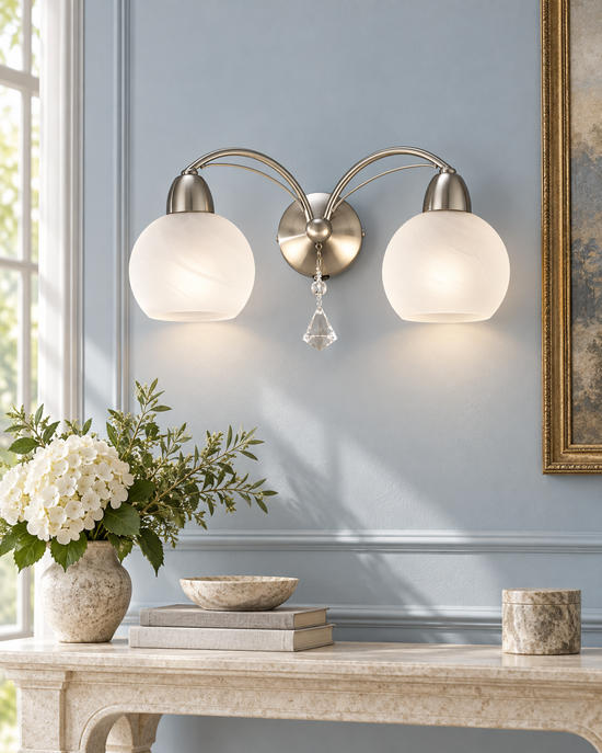Thea Satin Nickel Crystal Glass 2 Light Wall Light — AI-generated room illustration