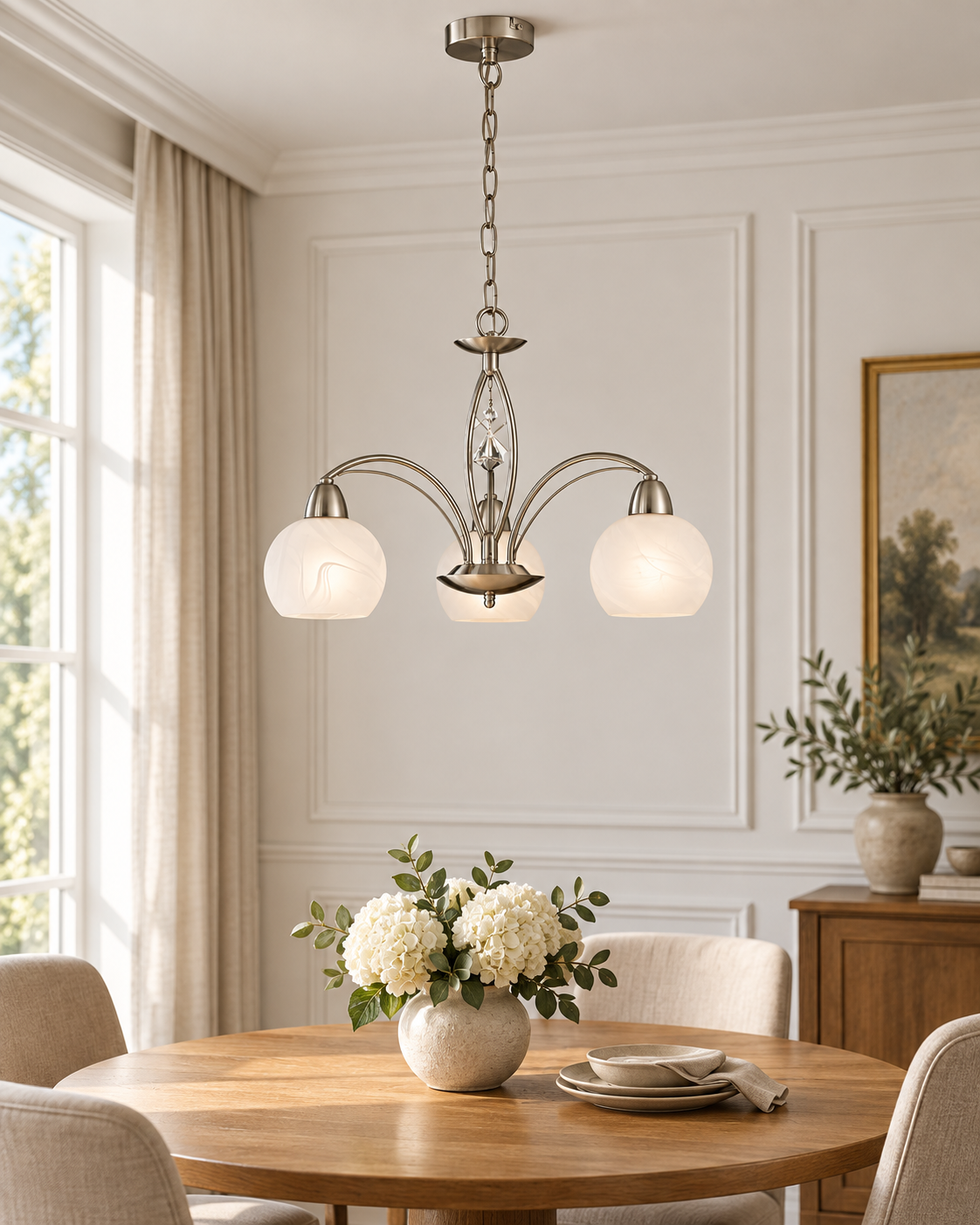 Thea Satin Nickel Crystal Glass 3 Light Ceiling Light — AI-generated room illustration