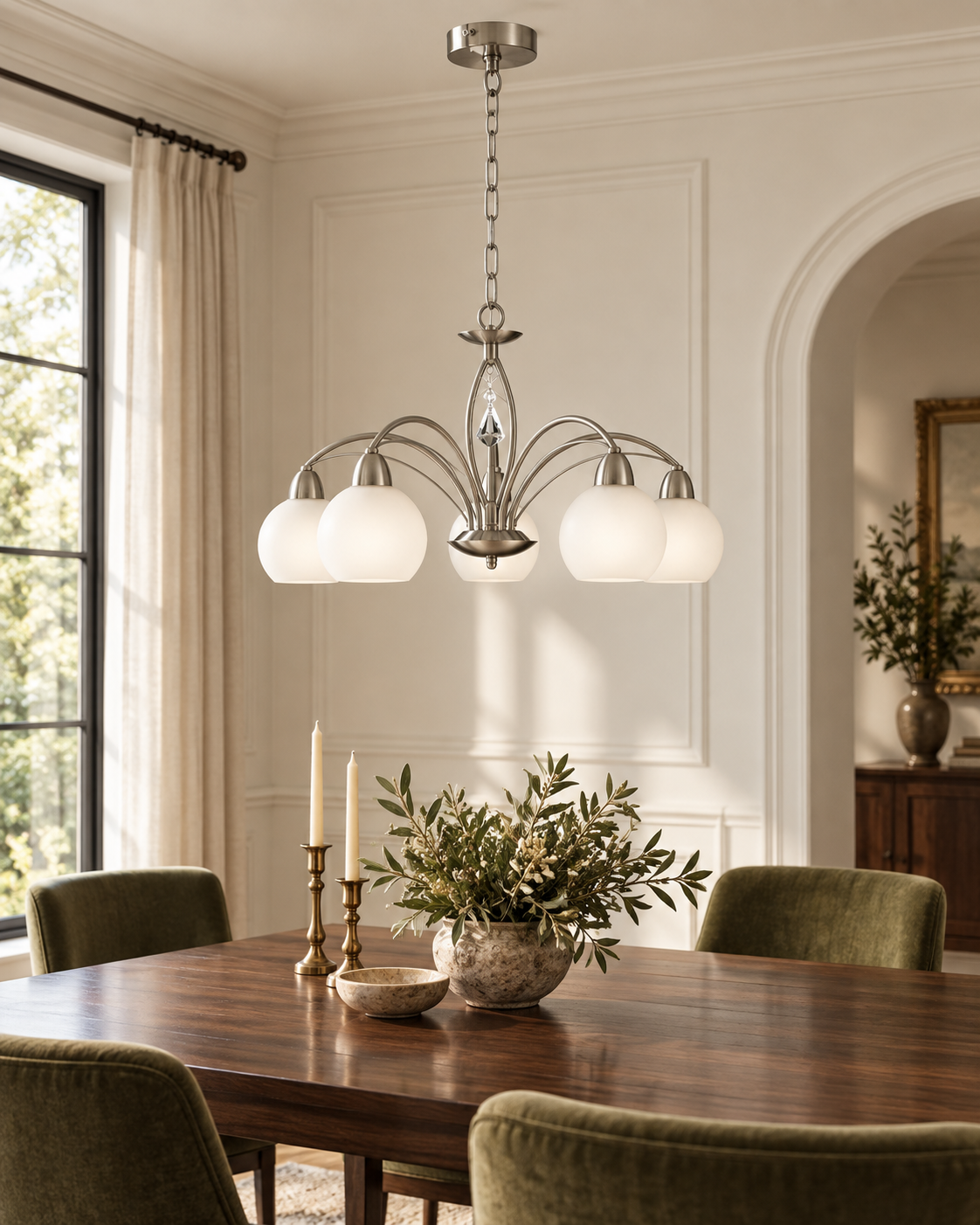 Thea Satin Nickel Crystal Glass 5 Light Ceiling Light — AI-generated room illustration