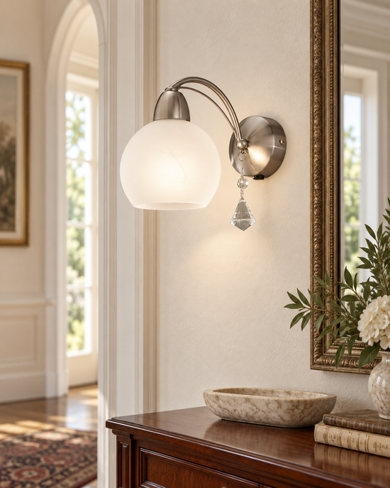 Thea Satin Nickel Crystal Glass Wall Light — AI-generated room illustration