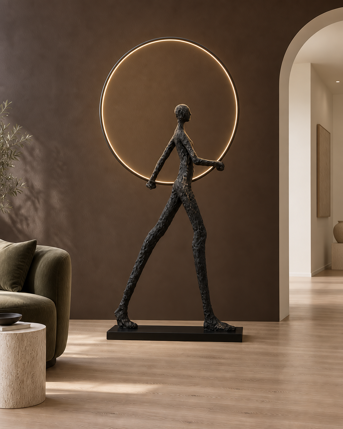Torera Sculptural Floor Lamp — light on; AI-generated interior scene