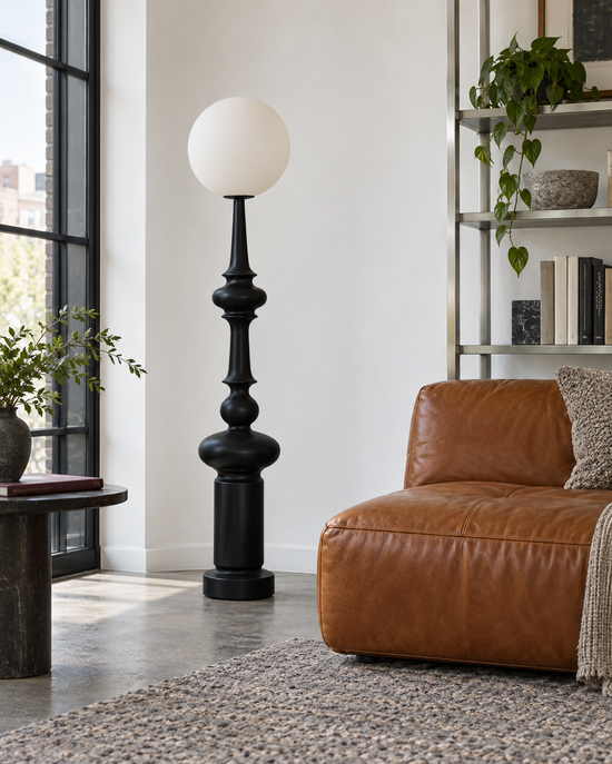Umbione Sculptural Resin Floor Lamp — light off; AI-generated interior scene; Black, 300 mm