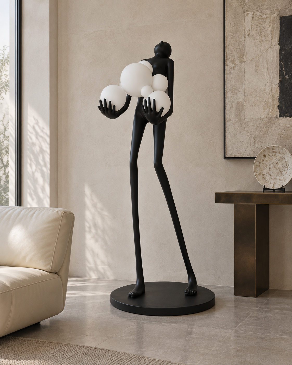 Varita Sculptural Resin Floor Lamp — light off; AI-generated interior scene