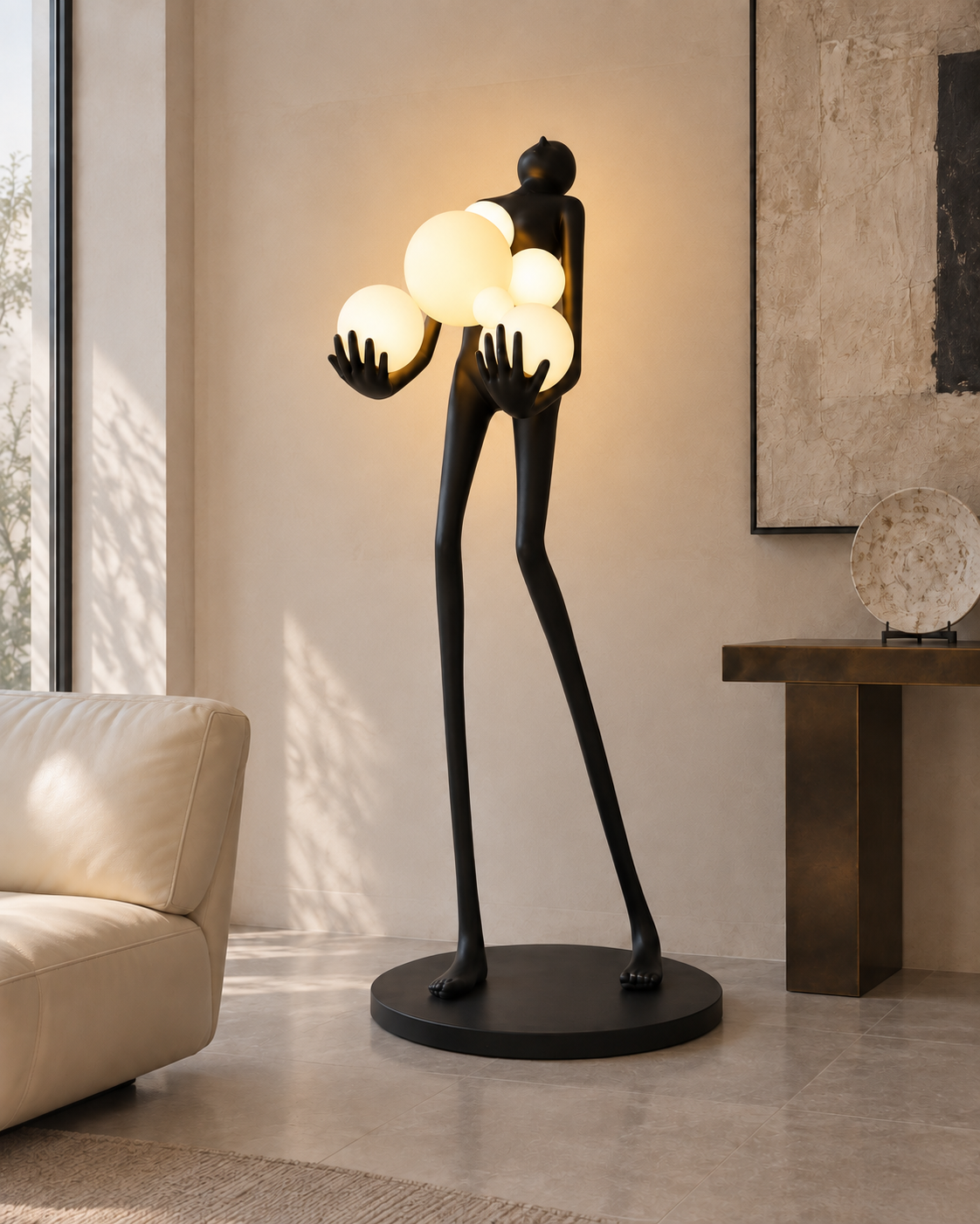 Varita Sculptural Resin Floor Lamp — light on; AI-generated interior scene