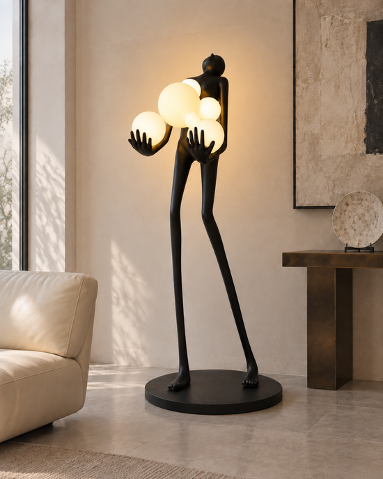 Varita Sculptural Resin Floor Lamp — light on; AI-generated interior scene