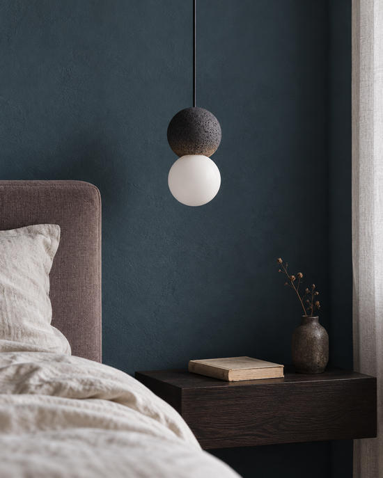 Zarida Concrete and Glass Pendant Light — light off; AI-generated interior scene